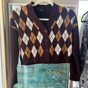 Juniors Witty Fox Argyle Crop Button Up Sweater XS